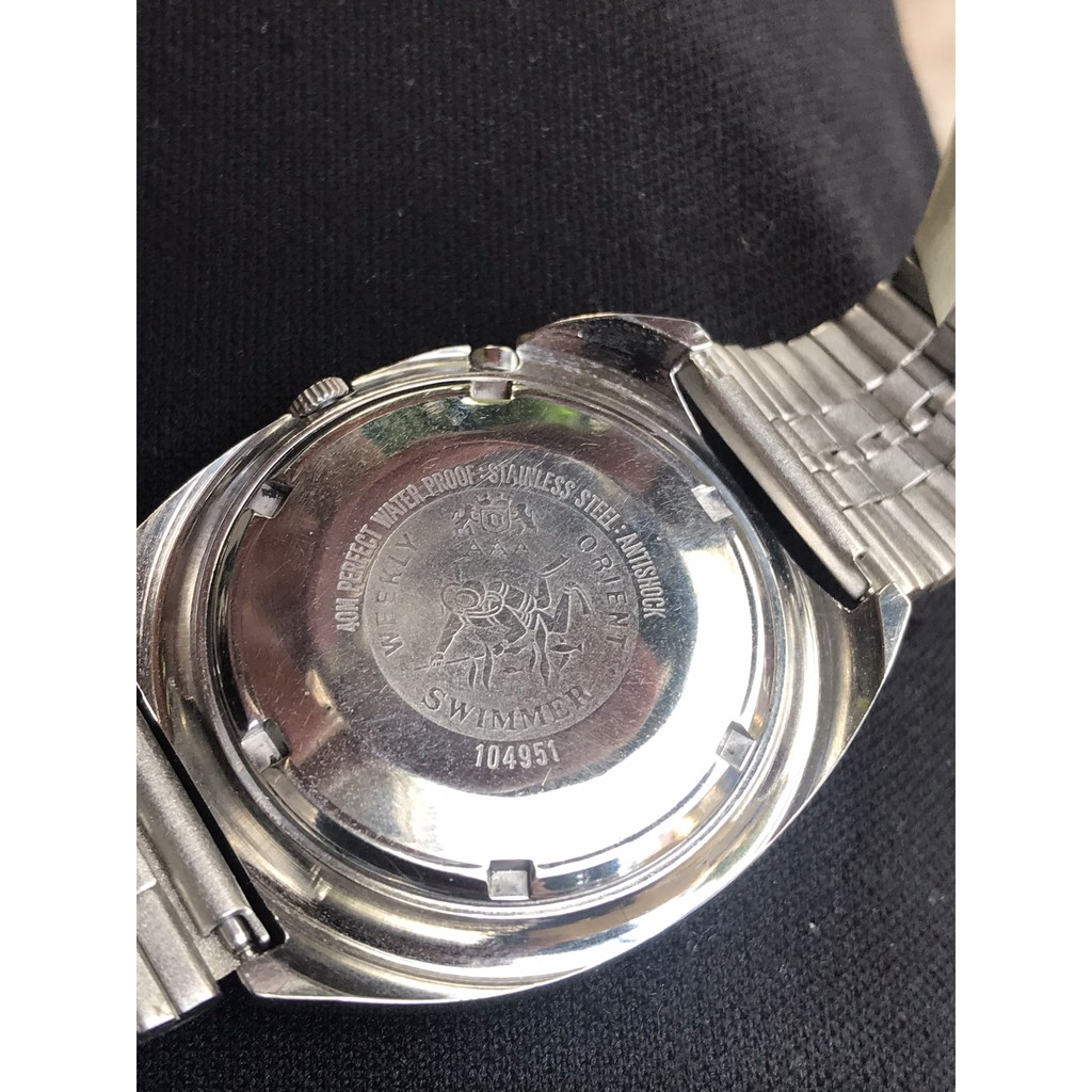 Đồng hồ nam WEEKLY AUTO ORIENT AAA cơ automatic, 19 Jewels, thiết kế mặt cười, có ô cửa lịch, dây kim loại