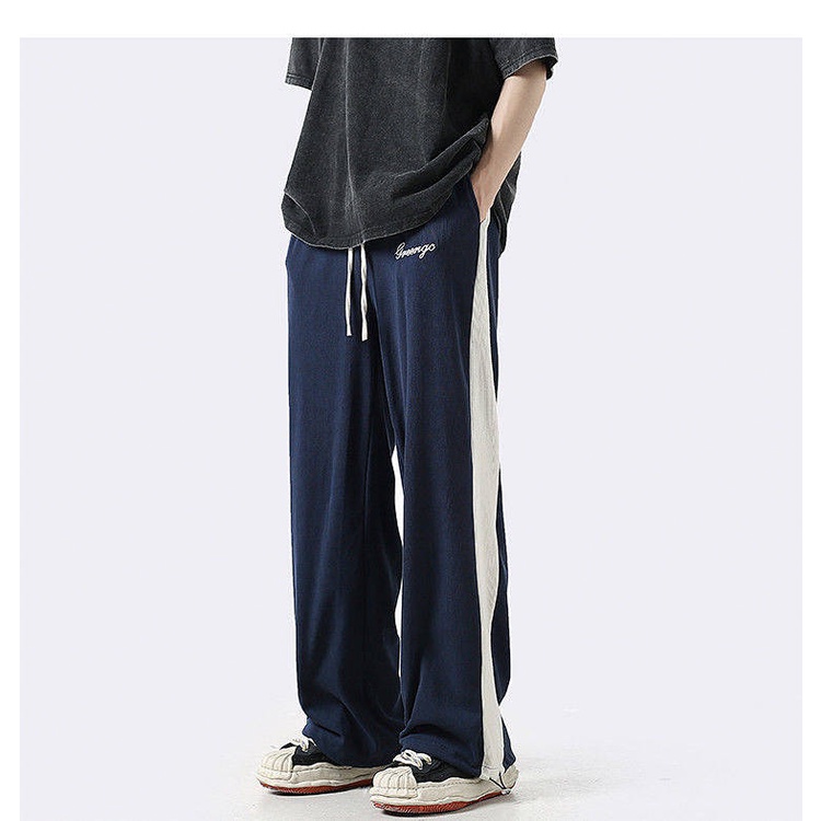 American Retro Navy Blue Pants Summer Japanese Vertical Stripes Men's and Women's Wide-Leg Pants Straight Drawstring Track Sweatpants nn2N