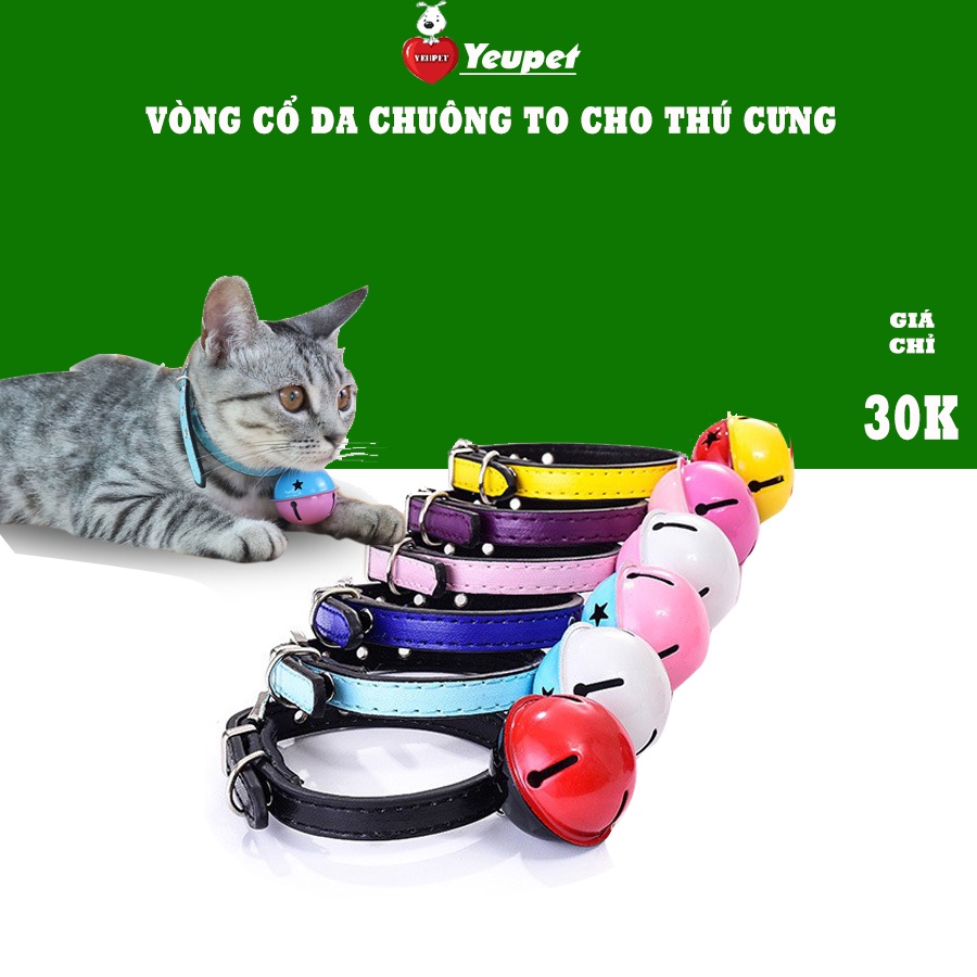 Vòng cổ cho chó mèo YEUPET có chuông to nhiều màu sắc, chất liệu da PU cao cấp full size