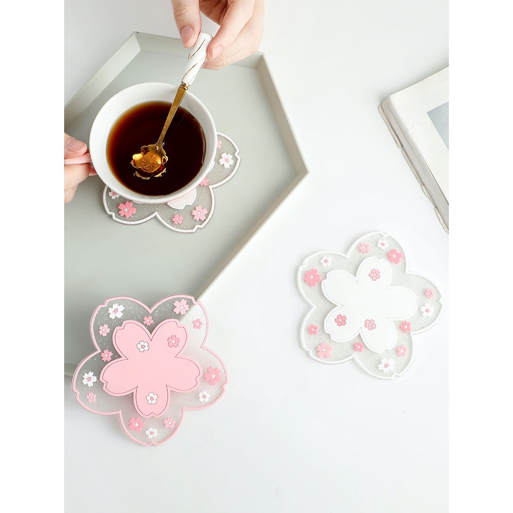Miếng lót ly chống trượt hình Hoa anh đào pvc cao cấp size 11cm, 16cm