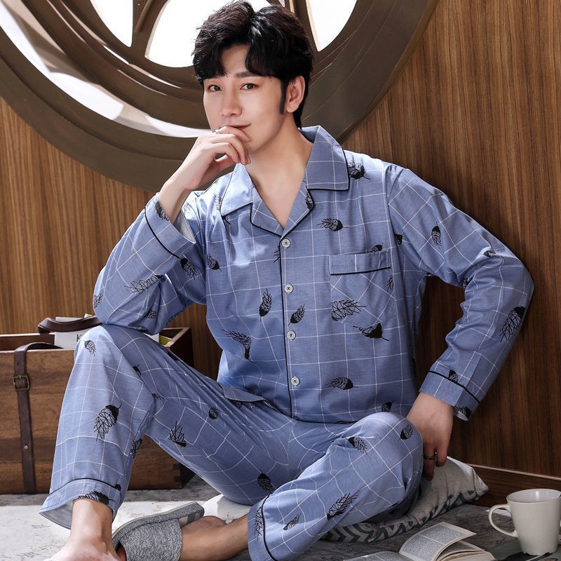 đồ ngủ  100% cotton pyjama nam dài tay áo nịt nam mỏng mùa xuân và thu nam size lớn bộ đồ phục vụ tại nhà cho thanh niên | BigBuy360 - bigbuy360.vn