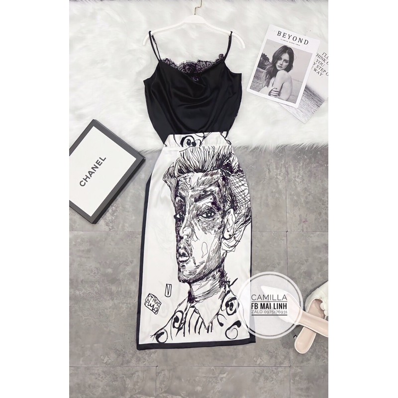 ⚡️BÁN SỈ⚡️Set áo 2 dây cổ ren kèm chân váy hoạ tiết đen trắng | BigBuy360 - bigbuy360.vn