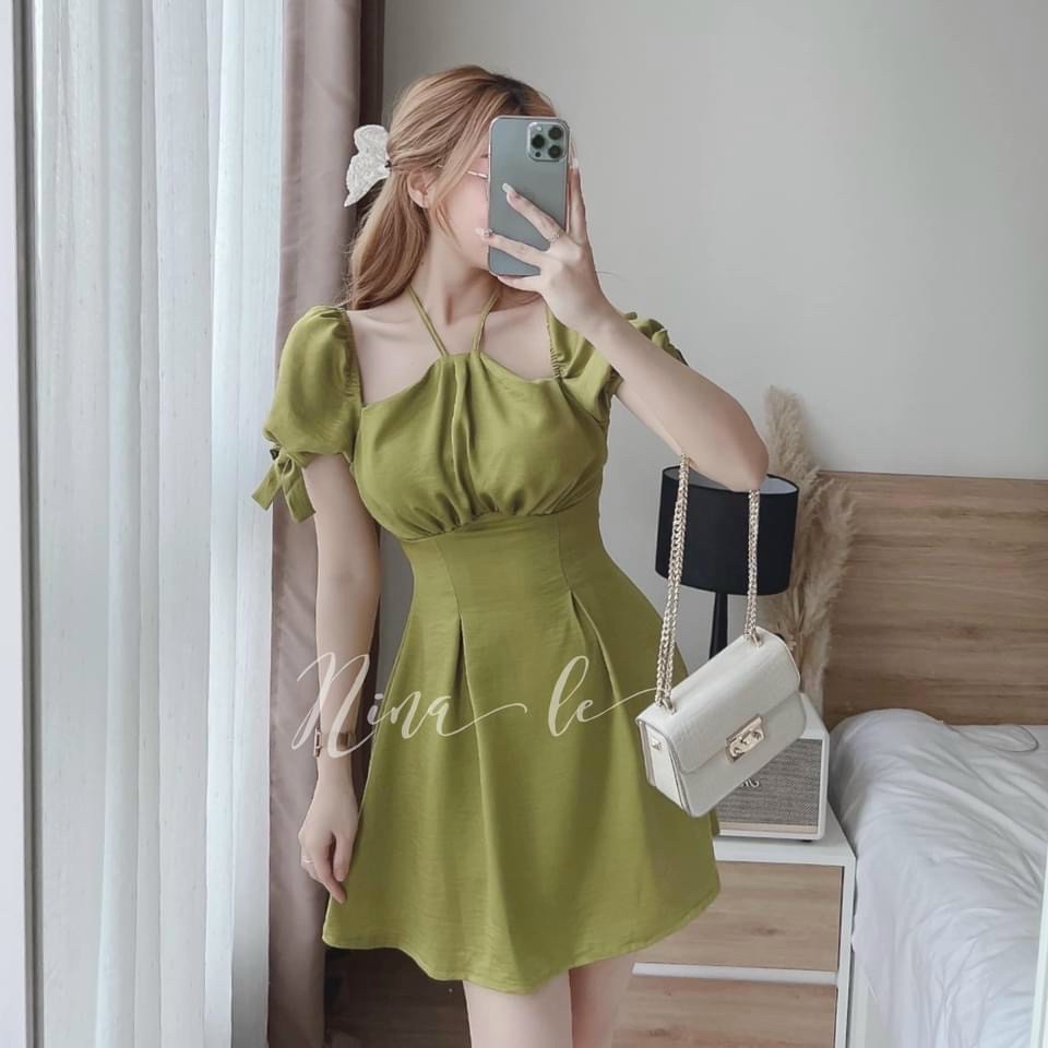 Đầm Cổ Yếm, Đầm Dự Tiệc Tay Ngắn Phối Nơ  Sẵn 3 Màu Đỏ, Trắng, Xanh Dáng Xòe Nữ Tính Thời Trang Nữ Xm Minh Phúc