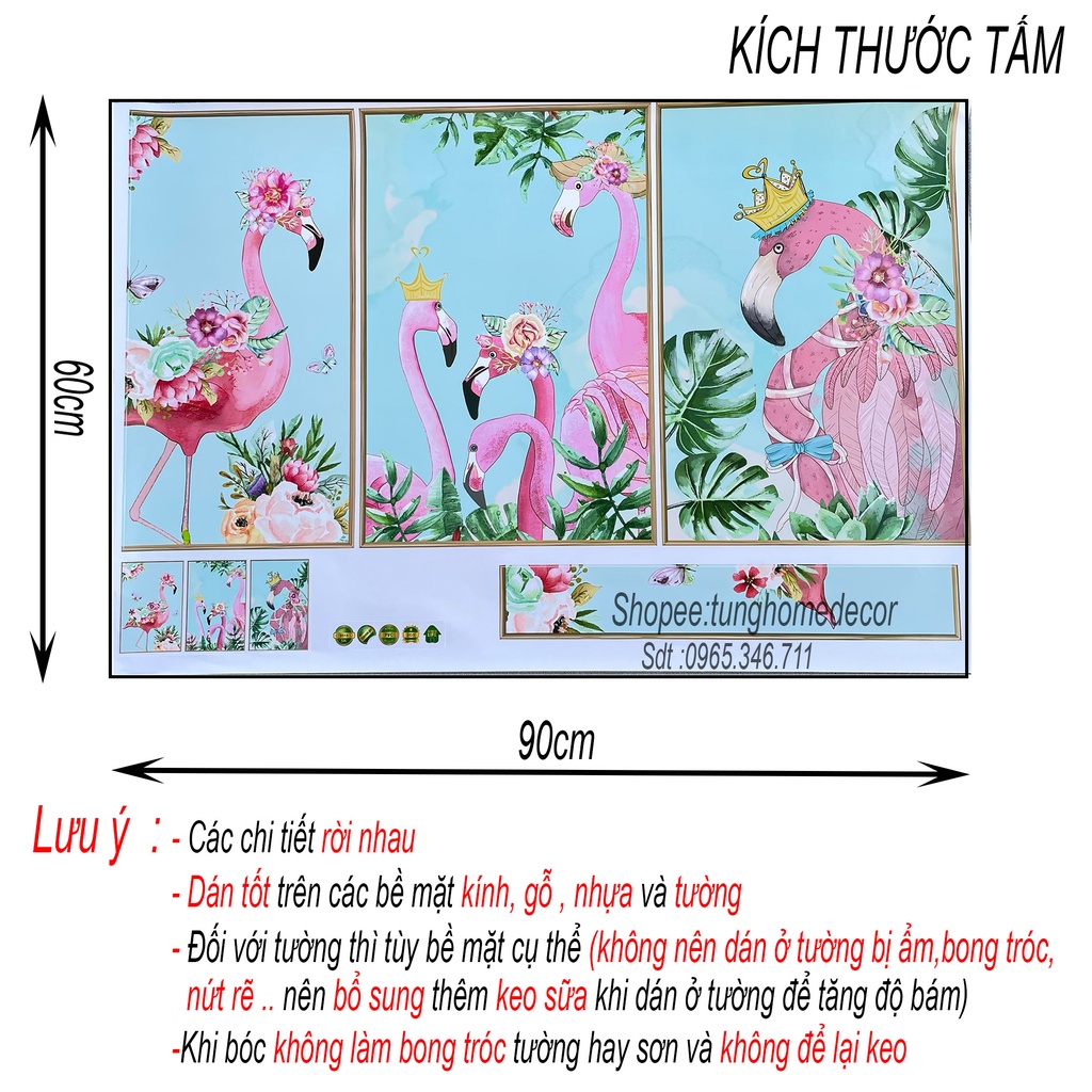 Decal dán tường hàn quốc trang trí phòng ngủ TUNG DECOR  Khung Hồng Hạc nhiều mẫu KT 60X90cm