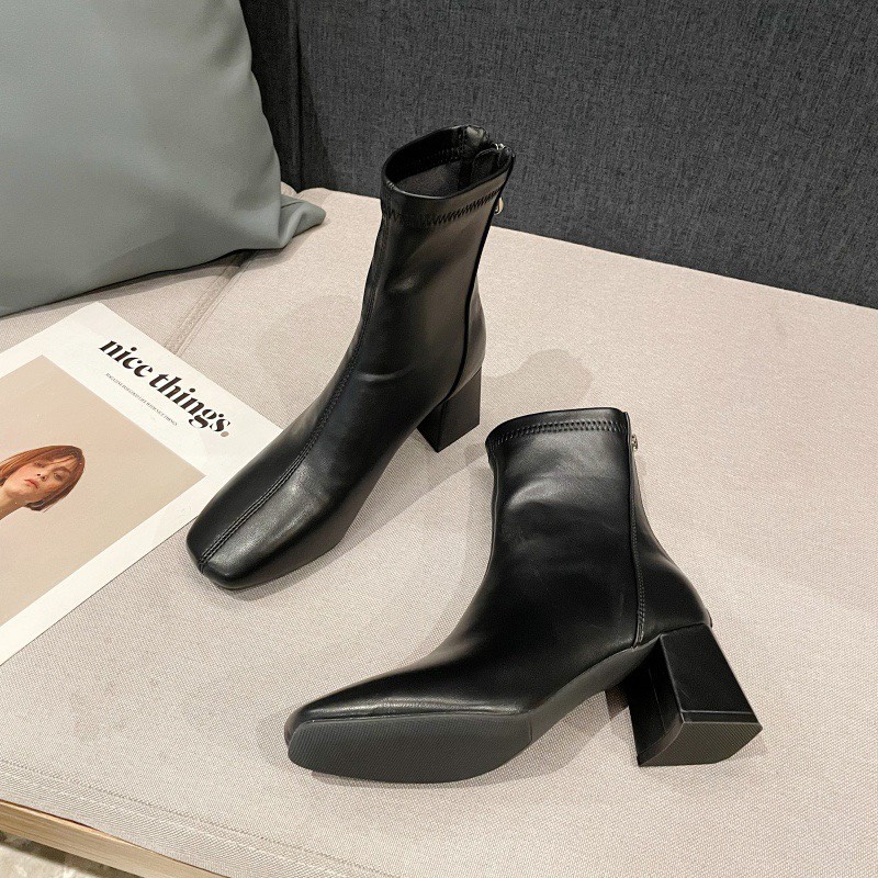 Bốt nữ cao cổ giày Boots da mềm lót nỉ khóa sau cao cấp boot mũi vuông boost lửng thời trang đế 6 cm