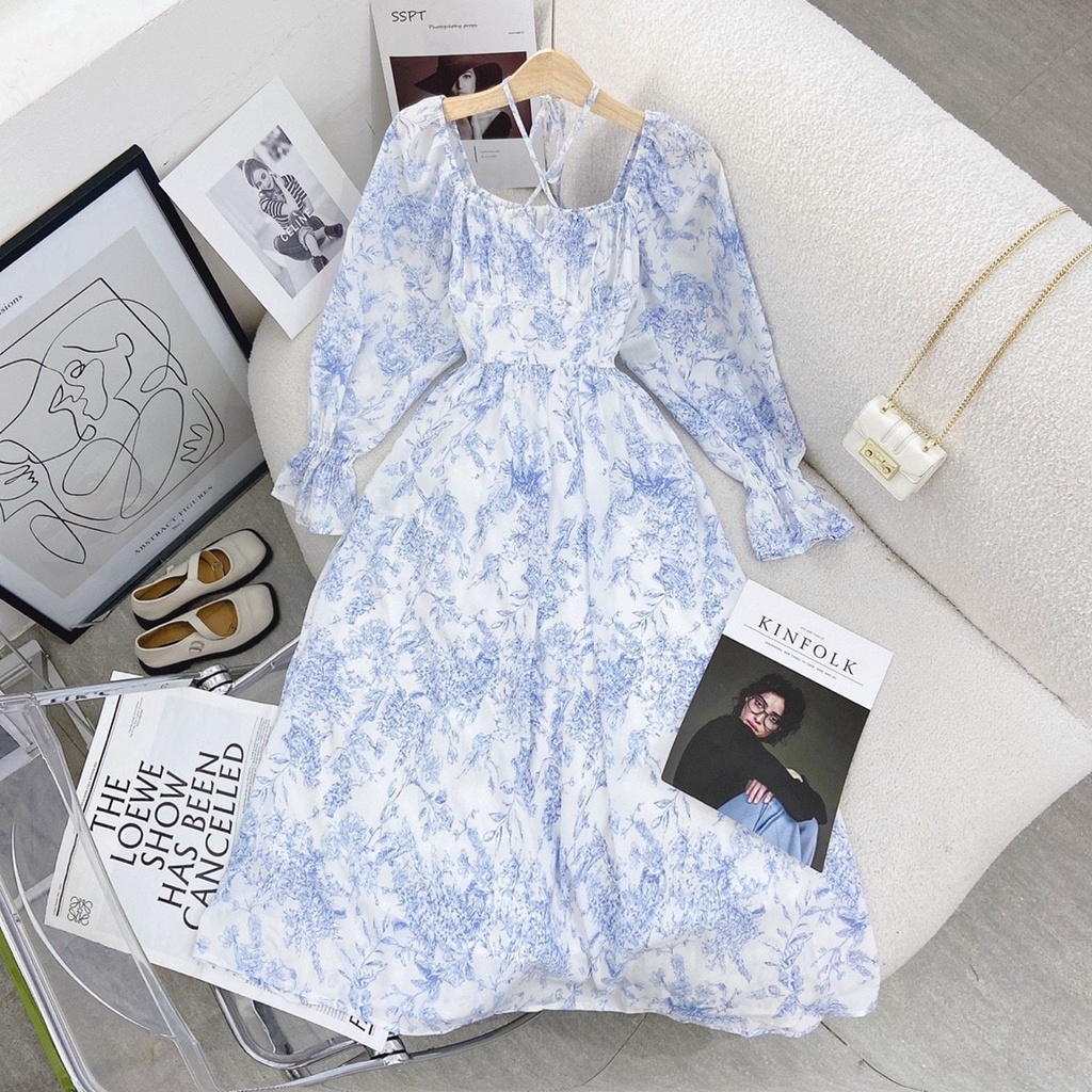 Đầm midi tùng xòe voan hoa xanh tay bồng NÀNG CLOSET