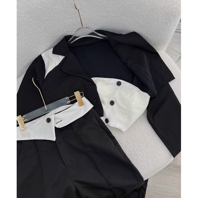 KHOÁC VEST CROP TAY DÀI + ÁO ỐNG PHỐI NÚT + QUẦN SUÔNG