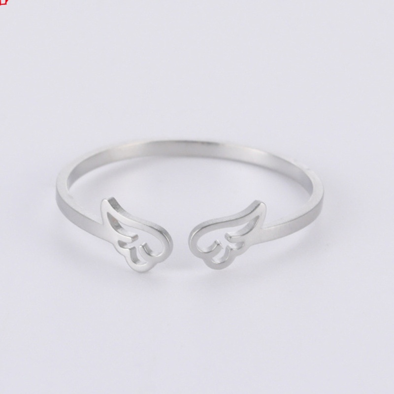 Set 2 Nhẫn Đôi Cánh Thiên Thần Sáng Bóng Bằng Thép Không Gỉ Có Thể Điều Chỉnh