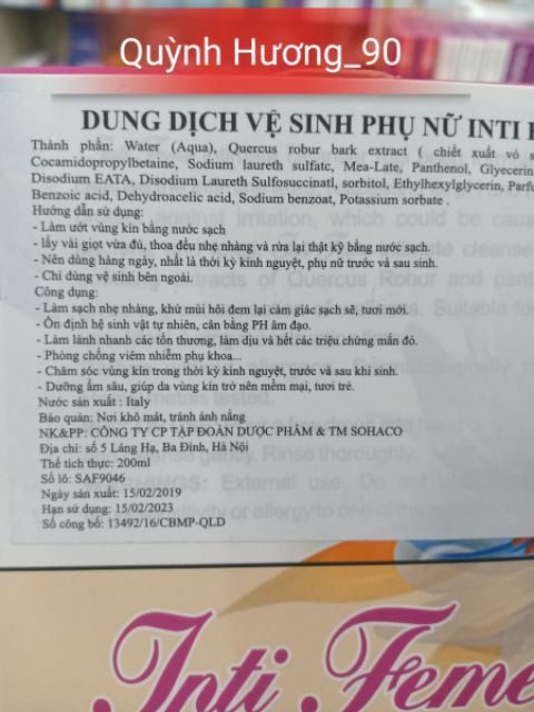 INTI FEME 200ml - dung dịch vệ sinh cao cấp từ Ý
