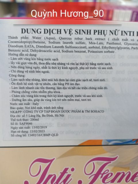 INTI FEME 200ml - dung dịch vệ sinh cao cấp từ Ý