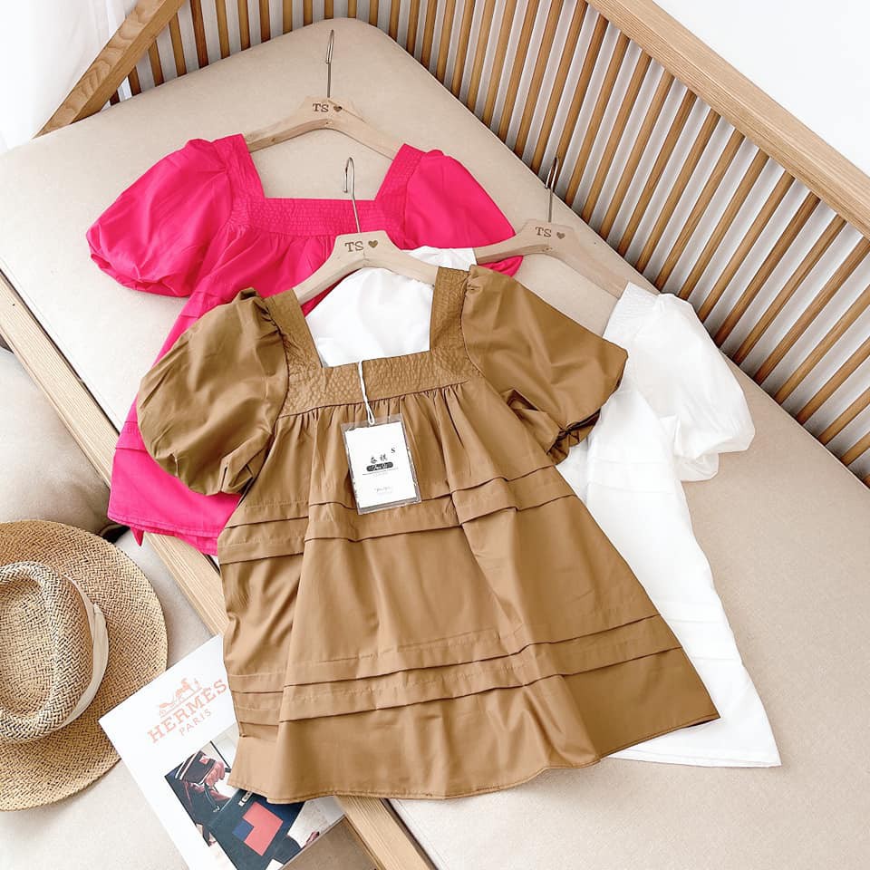 Áo Baby Doll ,o baby doll Tay Bồng Cổ Vuông Chất Thô Lụa 2 màu trắng nâu-XIAOMIMI AA1764
