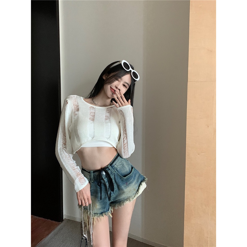 Áo Dệt Kim Tay Dài Màu Đen Dáng Ngắn Thời Trang Mùa Hè Quyến Rũ Cho Nữ