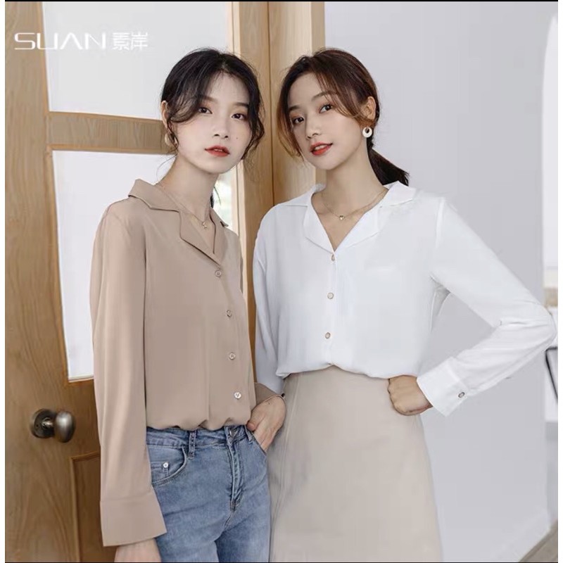 [Ảnh thật/Video] Áo sơ mi cổ vest sang chảnh áo sơ mi lụa Hàn áo sơ mi công sở | BigBuy360 - bigbuy360.vn