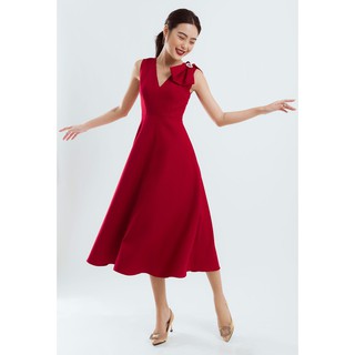 Đầm Cổ V Phối Nơ Màu Đỏ EDINI - D1186