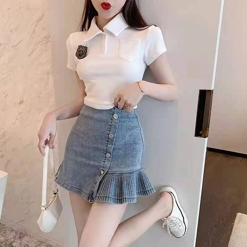 Chân Váy Denim Ngắn Lưng Cao Phong Cách Hàn Quốc Mới