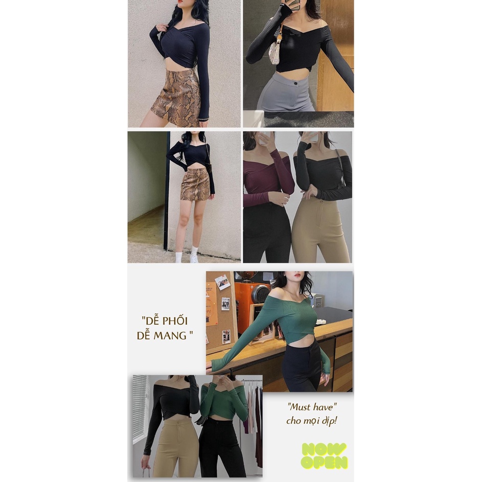 Áo kiểu nữ đắp chéo hở vai tay dài dáng ôm co giãn vừa cá tính vừa sexy cực tôn dáng -AKVATCHEO Faan Store