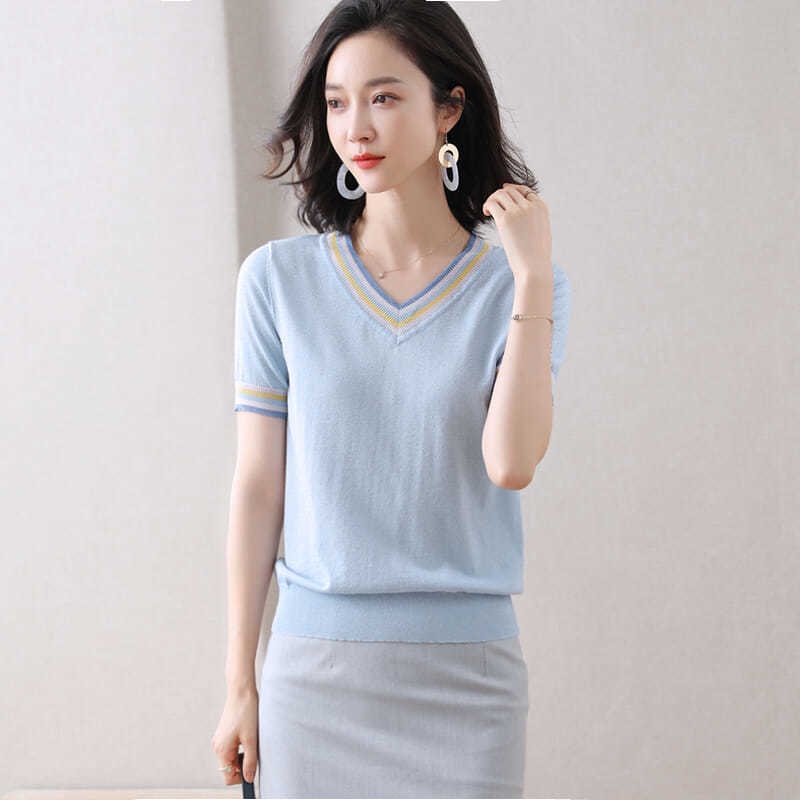 Áo Thun Lụa Dệt Kim Tay Ngắn Cổ Chữ V Thời Trang Dành Cho Nữ
