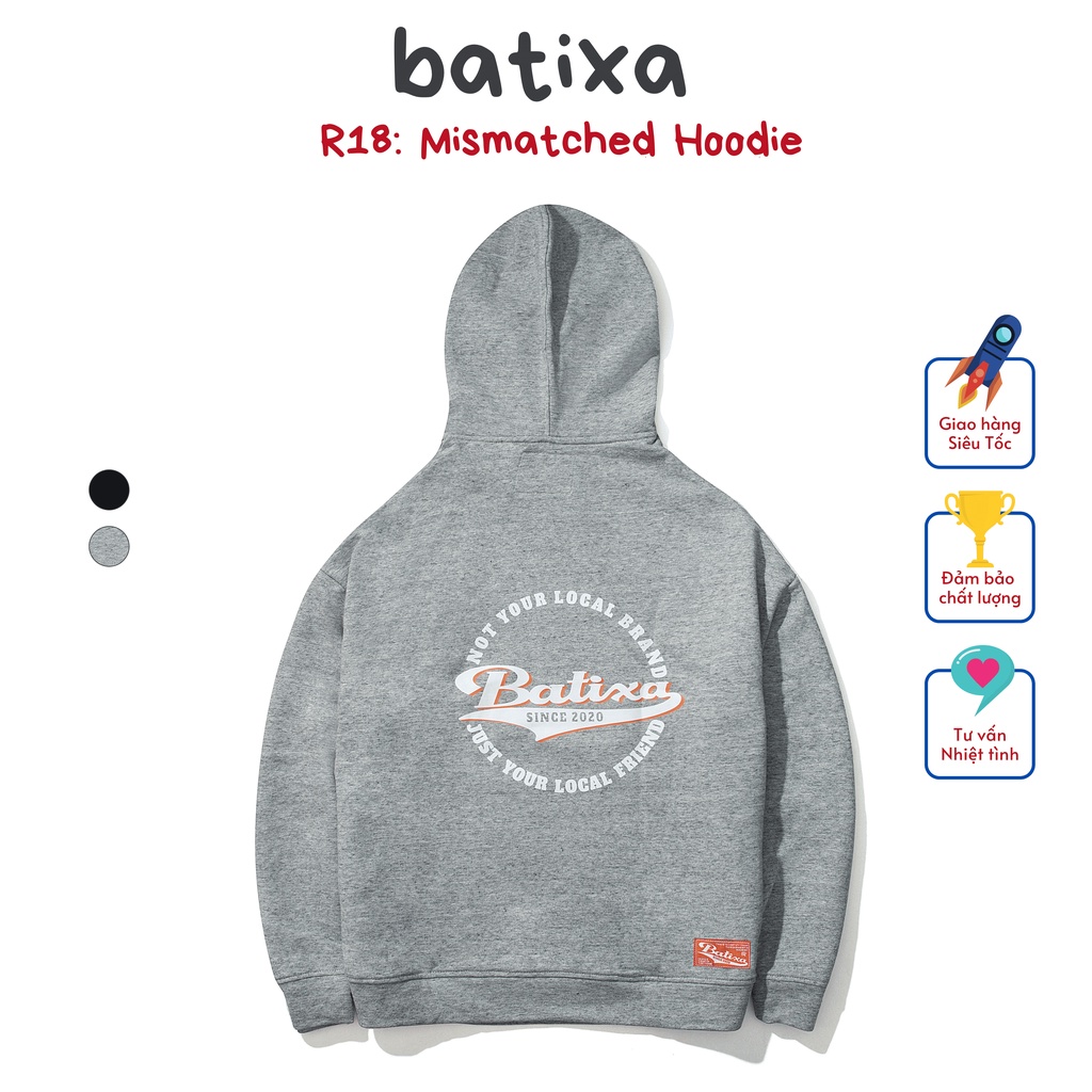 Áo Hoodie Nam Nữ Phối Hai Màu Đen Xám Mũ Rộng Hai Lớp Nỉ  Unisex  In Logo Cực Chất R18 Local Brand Chính Hãng BATIXA