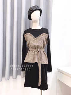SALE OFF Váy dạ kẻ thắt eo TTNX