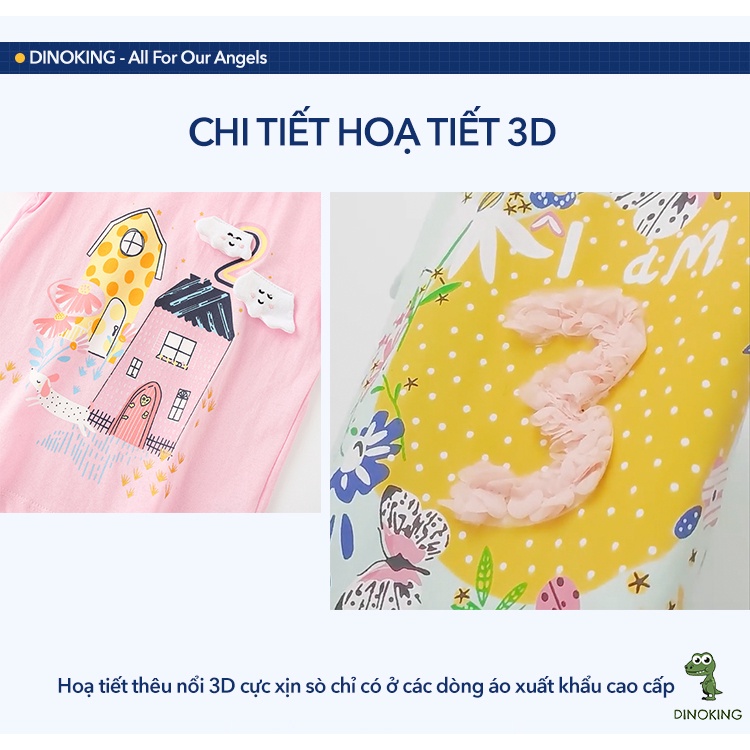 Áo thun bé gái DINOKING áo phông cho bé cộc tay mùa hè hoạ tiết số tuổi thêu nổi 3D phù hợp trẻ em 2 - 8 tuổi AT22