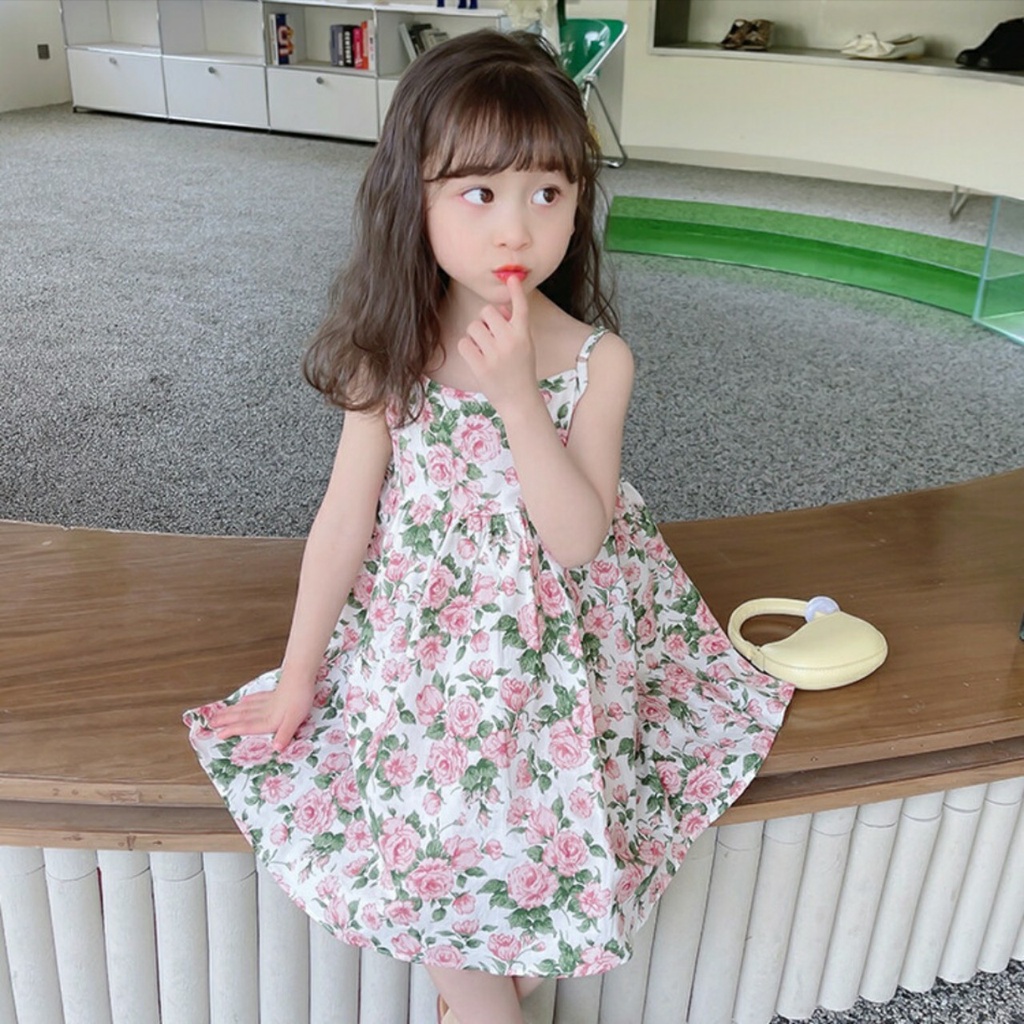 Váy 2 dây bé gái hoa hồng thiết kế chun sau lưng 10-22kg