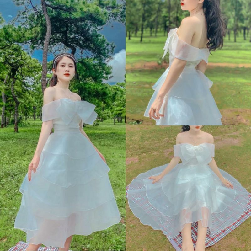 Váy trễ vai nơ ngực 4 tầng