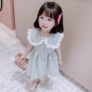 Váy caro cổ vuông viền ren bánh bèo cho bé gái