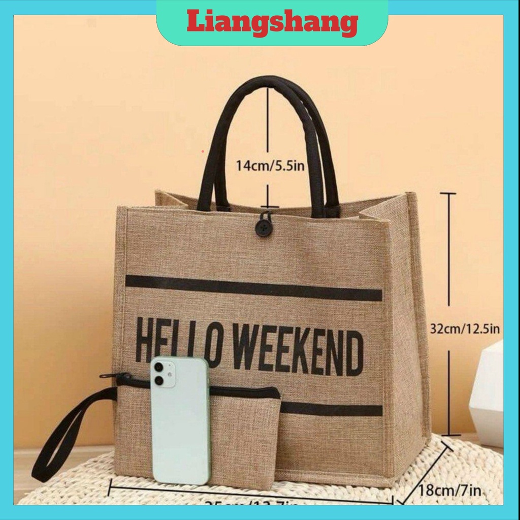 Túi Cói Kèm Ví Hello Weekend-Túi cói đi biển du lịch phong cách Hàn Quốc