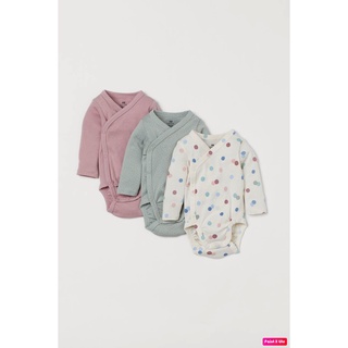 Set 3 bodysuits cotton hữu cơ sơ sinh, màu hồng - xanh - trắng bi, Hờ mờ UK săn SALE
