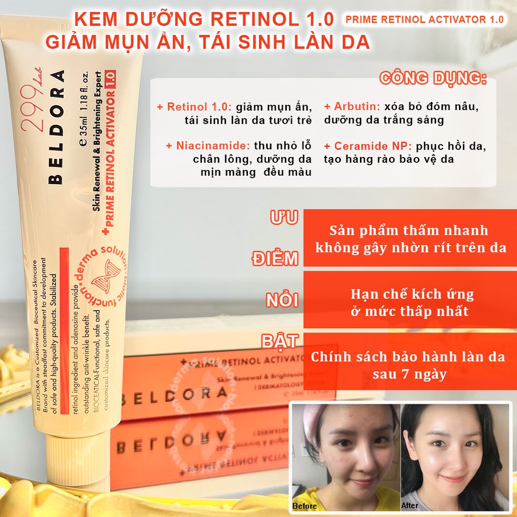 Kem Retinol Trẻ Hoá, Xoá Nếp Nhăn, Căng Bóng Da Beldora 299 Prime Retinol Activator 35ml