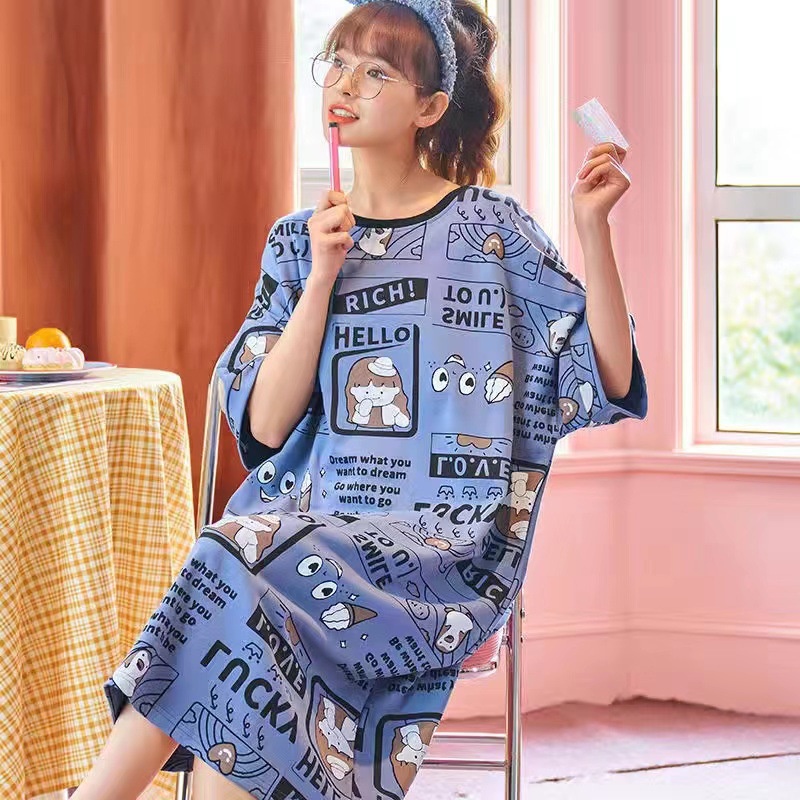 Váy Nữ ❤️FREESHIP❤️ Ngủ Cộc Tay sexy, Đầm Ngủ Suông Chất Cotton Mềm Mát Mặc Nhà Dễ Thương_VN33