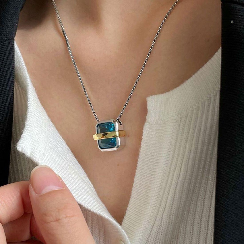 Vòng cổ Mặt Đồng Đính Đá Xanh Dương Thanh Lịch Cho Nữ|Nhẫn Đeo Tay Thiết Kế Đơn Giản Cá Tính
