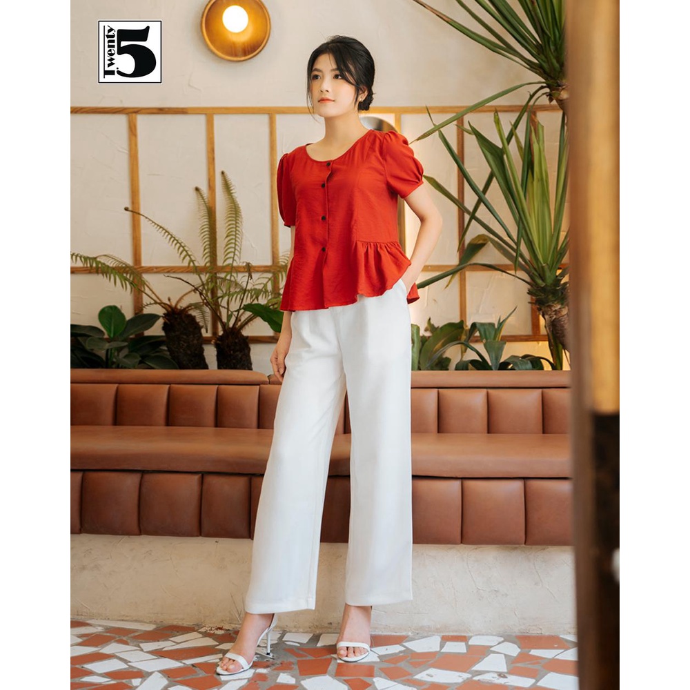 Áo sơ mi nữ công sở đỏ vintage viền gấu bèo cổ tròn Twentyfive SA11