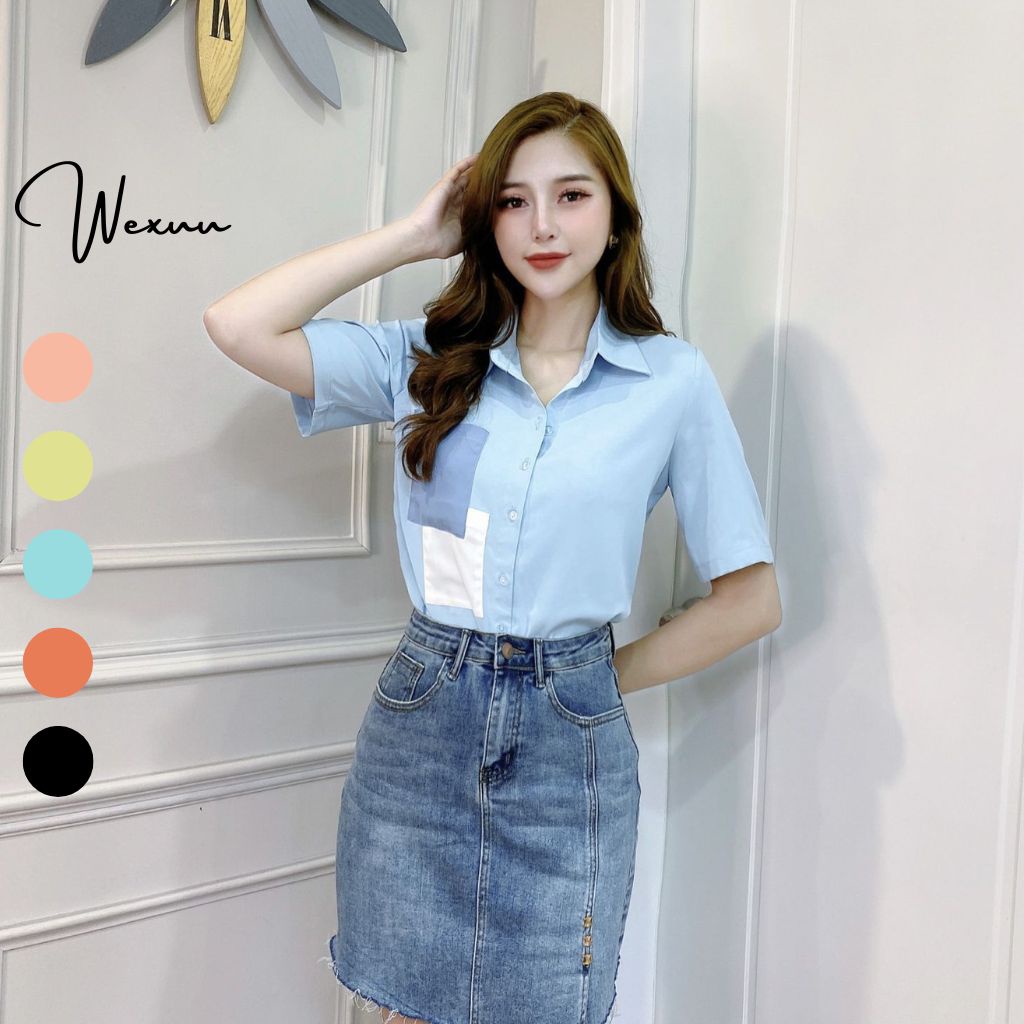 Áo sơ mi cộc tay nữ Wexuu Design áo kiểu có túi điệu trước ngực chất vải mềm ít nhăn- SK05 xanh