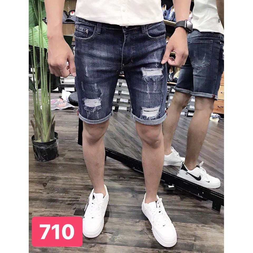 Quần short jean nam màu xám xanh xước gối 3 điểm chuẩn form shop MS710