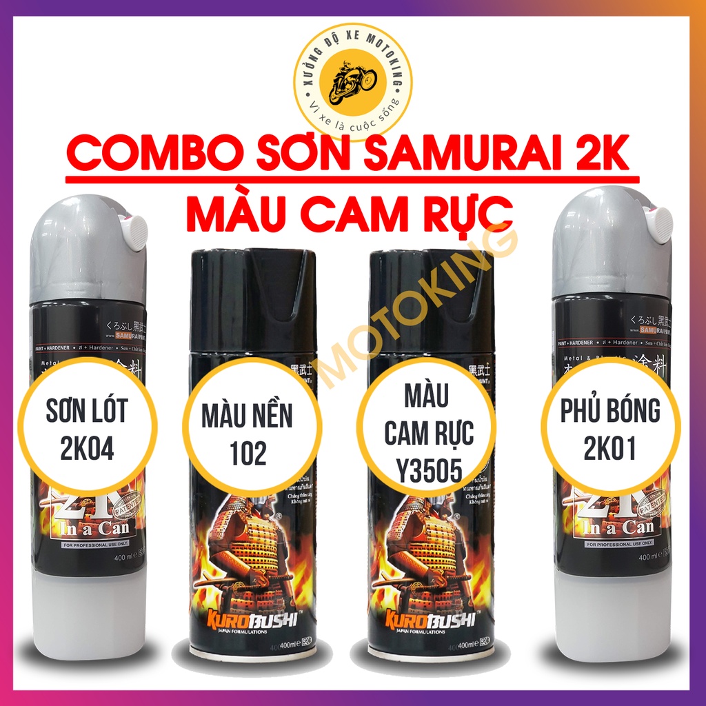 Combo Sơn Samurai màu cam rực Y3505 loại 2K chuẩn quy trình độ bền 5 năm gồm 2K04 - 102-Y3505 -2k01