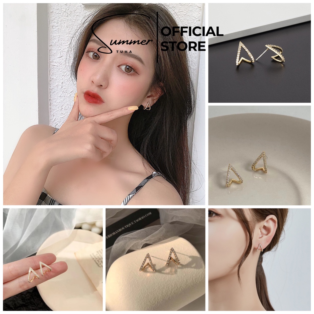 Bông tai khuyên tai bạc nữ cao cấp hình tam giác đính đá nhân tạo sáng lấp lánh cao cấp cho nữ phong cách hàn quốc đẹp