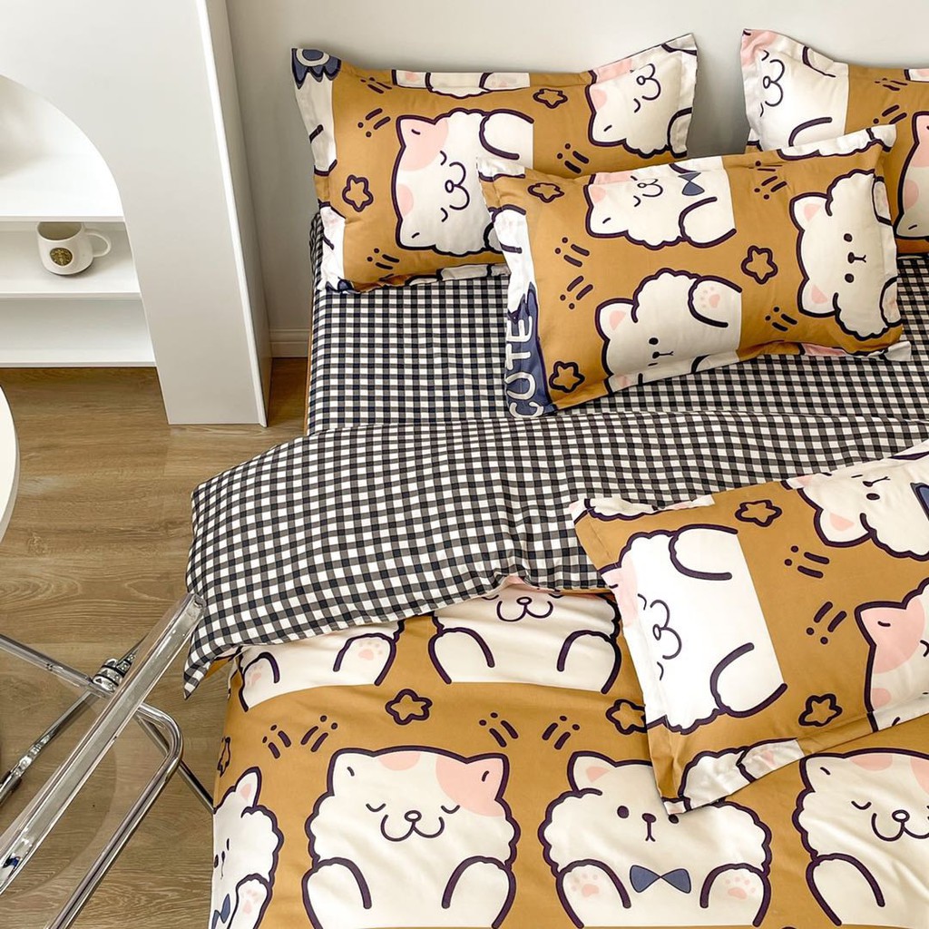 Bộ chăn ga gối cotton poly Lidaco decor phòng ngủ vintage - Mèo Nâu ( SP001408 )