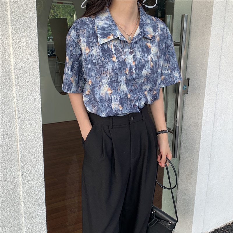 SUXI Áo Sơ Mi Tay Ngắn In Họa Tiết Phong Cách Retro Hàn Quốc Mới Cho Nữ