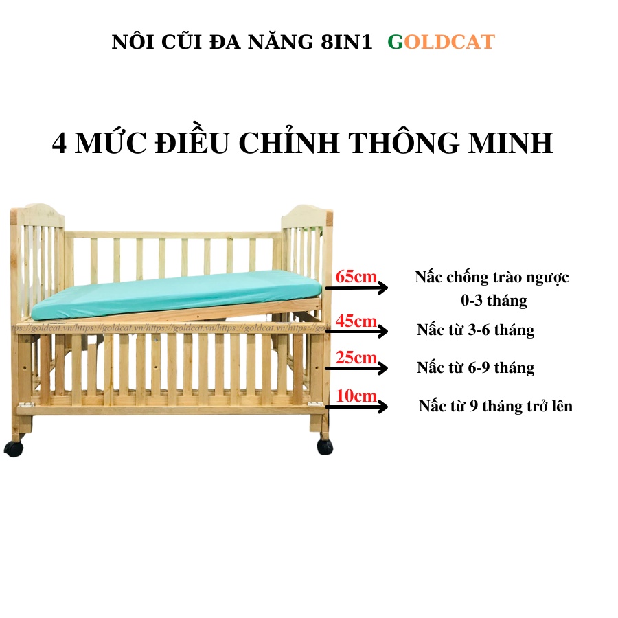 Nôi Cũi Gỗ Quế Đa Năng Cho Bé GOLDCAT C8V Có Thể Kéo Dài Thành Giường Lớn Cho Trẻ từ 0-10 tuổi