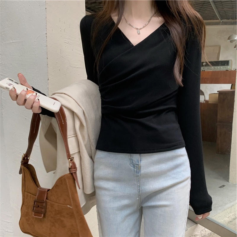 SUXI Áo Thun Tay Dài Cổ Chữ V Màu Sắc Đơn Giản Phong Cách Hàn Quốc