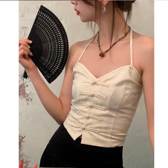 Áo Hai Dây Cổ Yếm Dáng Ngắn Màu Trắng Phong Cách Trung Hoa Thời Trang Mùa Hè Xinh Xắn Cho Nữ