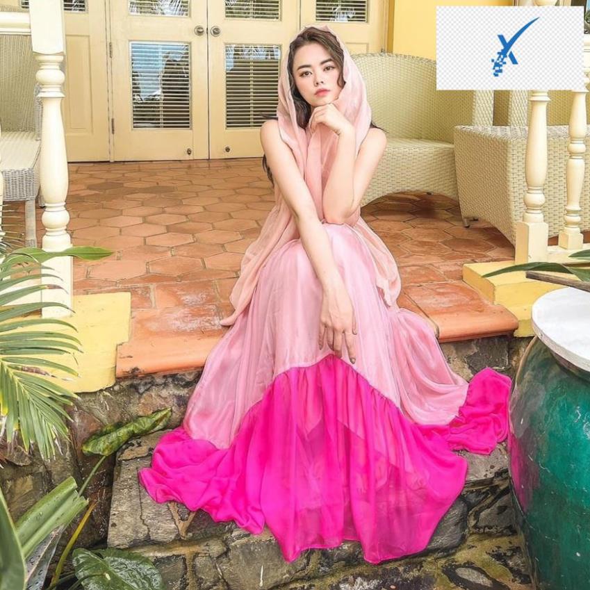 Đầm maxi đi biển váy dài maxi yếm phối màu có ảnh thật