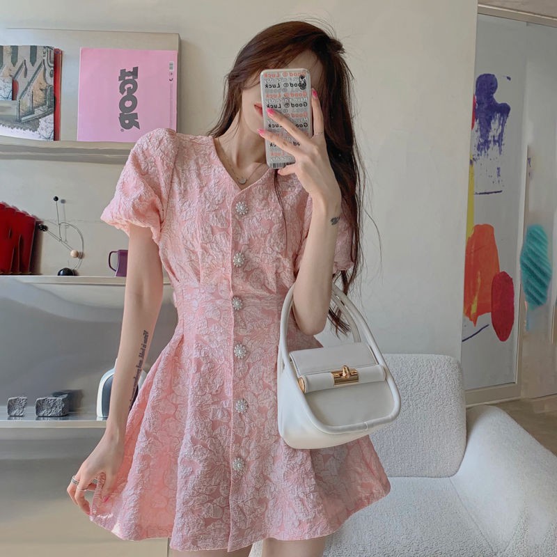 Đầm Ngắn Tay Phồng Cổ Chữ V Thời Trang Mùa Hè Cho Nữ