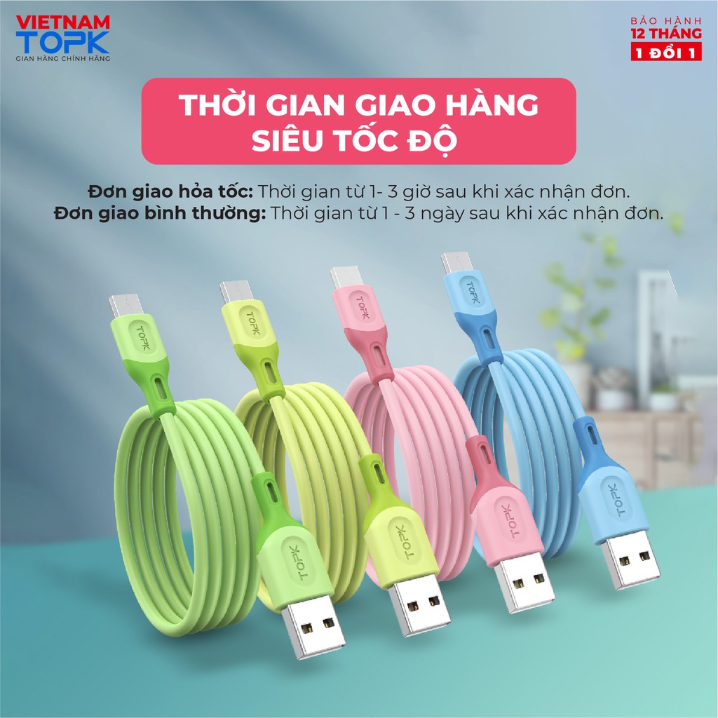 Dây cáp sạc dùng cho điện thoại TOPK AN84 Vỏ chống đứt gãy dài 1m - Hàng chính hãng Bảo hành 12 tháng 1 đổi 1