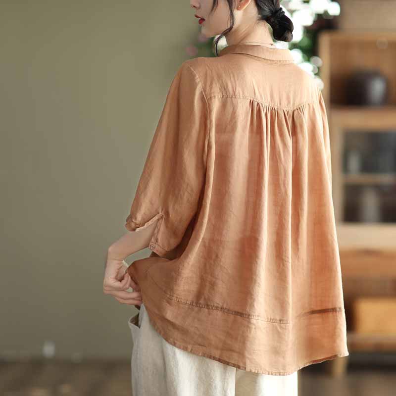 Ice retro colorful buttons cotton linen short-sleeved shirt loose top ramie linen shirt clearance ~ brand cut label