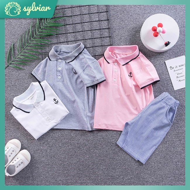 Set Đồ 2 Món Gồm Áo Thun Polo Tay Ngắn Cổ Bẻ Thêu Hình Mỏ Neo + Quần Short Cho Bé Trai