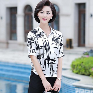 áo tuổi﹍▩Phụ nữ trung niên mới mặc đồ hè cho người và già Áo sơ mi nhỏ thun voan che bụng tay ngắn kiểu tây dài