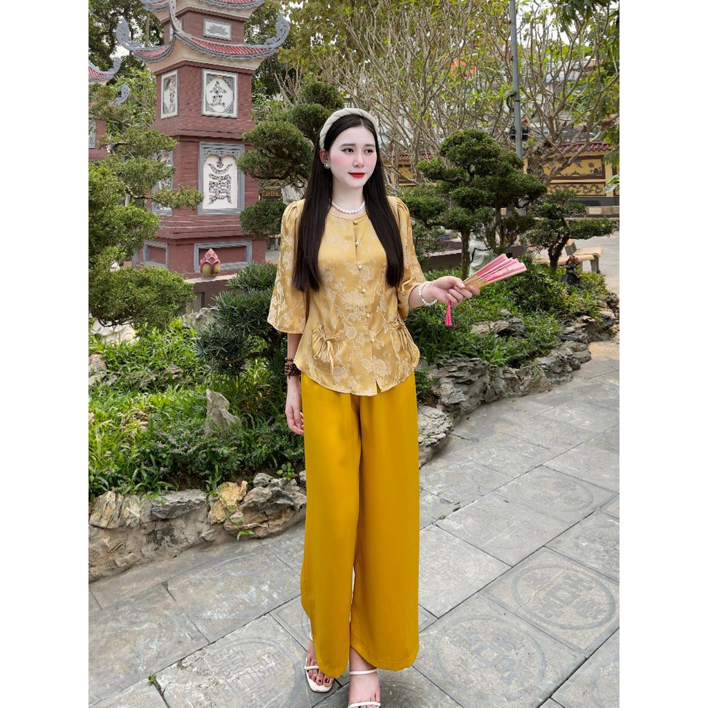 Đồ lam đi chùa, Bộ Đi Lễ Chùa Nữ Mẫu Tiểu Thư Túi Tiền Tằm Cổ Tròn , Vải Tơ Gấm Loại 1 Màu Vàng PT053