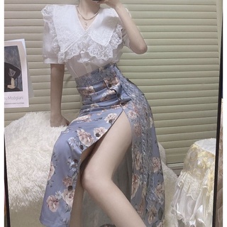 Set áo sơ mi ren và váy xẻ tà